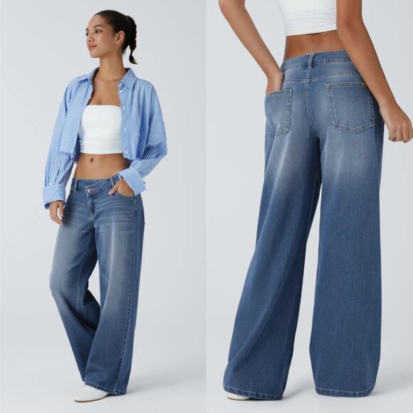 HALARA Denim - Halara Flex Asymmetric Low-Rise Wide Leg Jeans Blue Spruce | Stretch Denim | XL